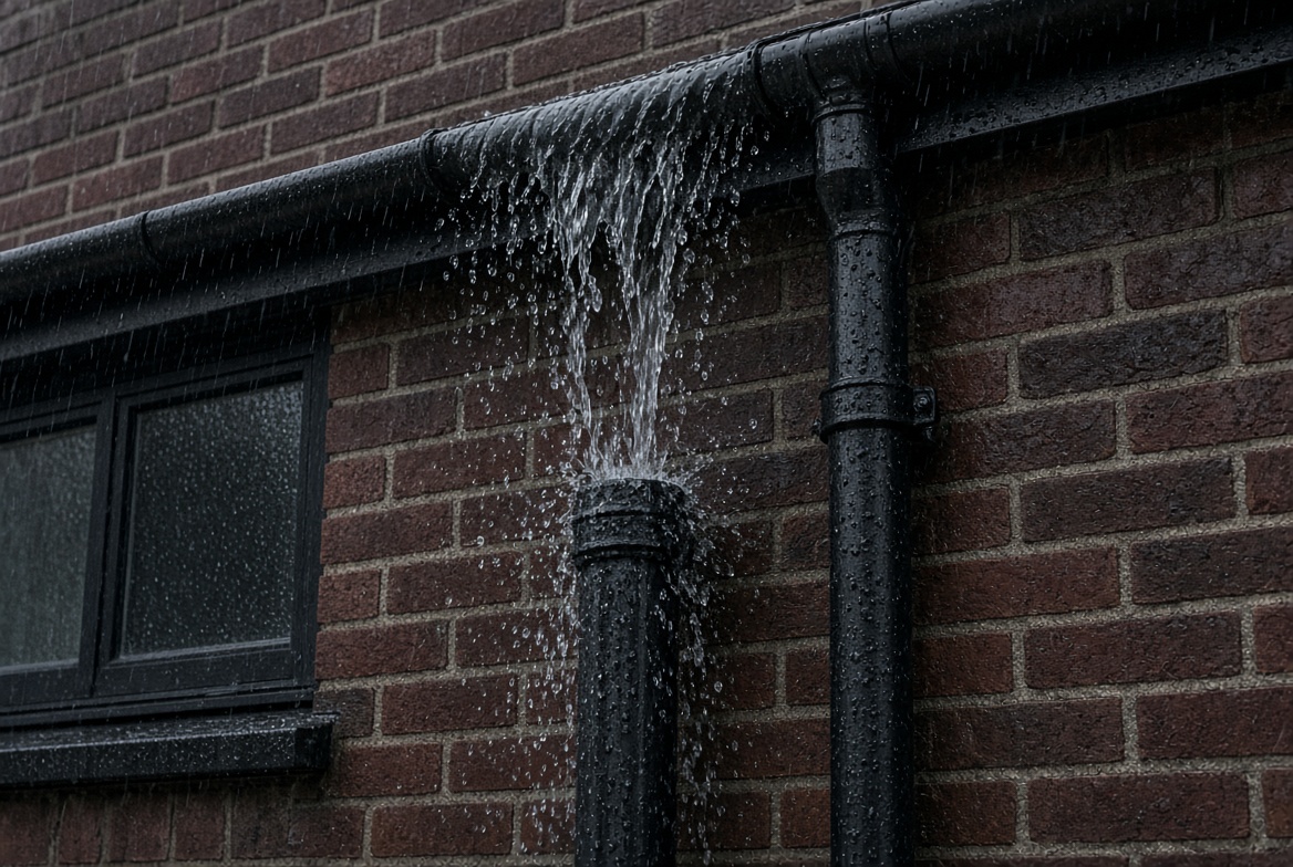 Rain overflowing a gutter