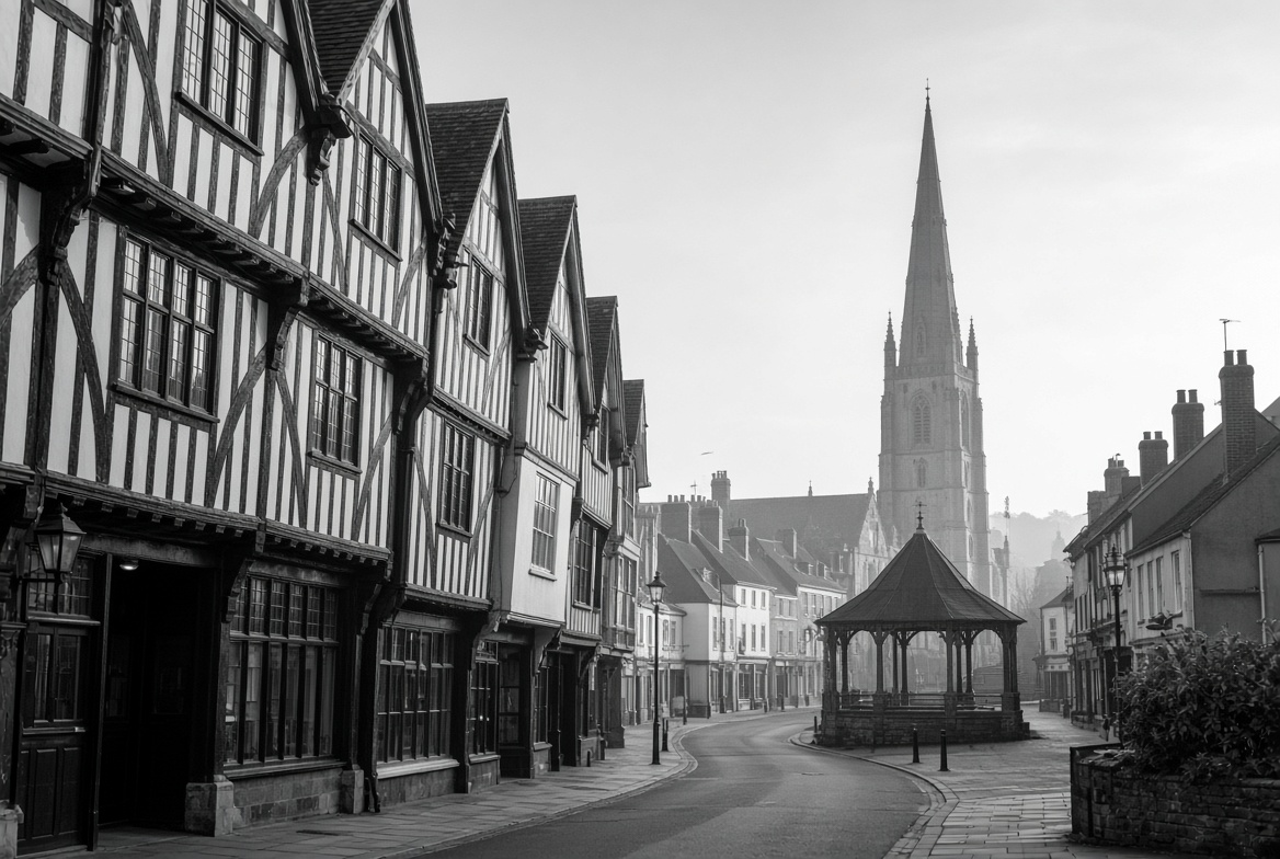 Timber-framed street in a Herefordshire market town