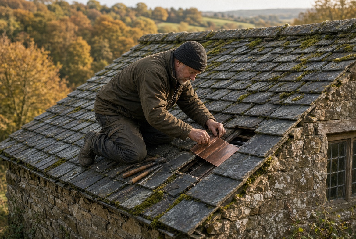 Roofer repairing a cottage roof